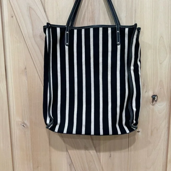 Kate Spade Griffen Tote Black Cream Stripe Cloth Leather Shoulder Bag - Picture 4 of 15